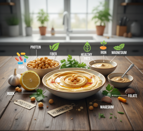 צלחת חומוס טרי מוקפת בגרגירי חומוס, טחינה גולמית וירקות – המדגישה את היתרונות הבריאותיים של החומוס כסופר-פוד עשיר בחלבון וסיבים.