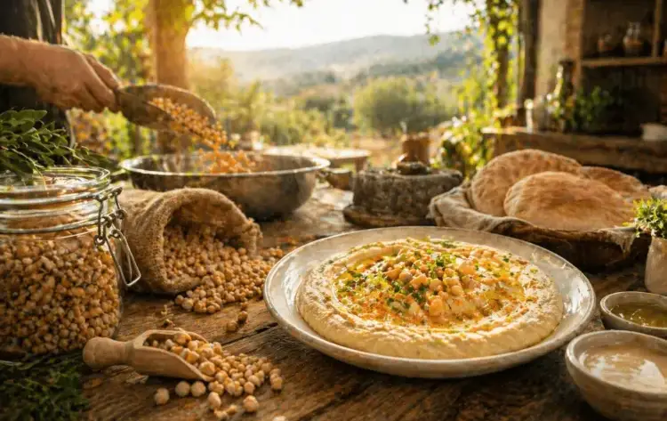 חומוס עבודת יד עם גרגרי חומוס ומסבחה, מוגש על שולחן עץ עם פיתות בצד.