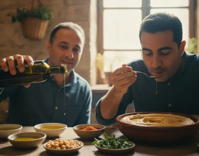 שני גברים נהנים מחומוס עבודת יד עם תוספות שונות במסבחה, בחומוסייה בצפון.