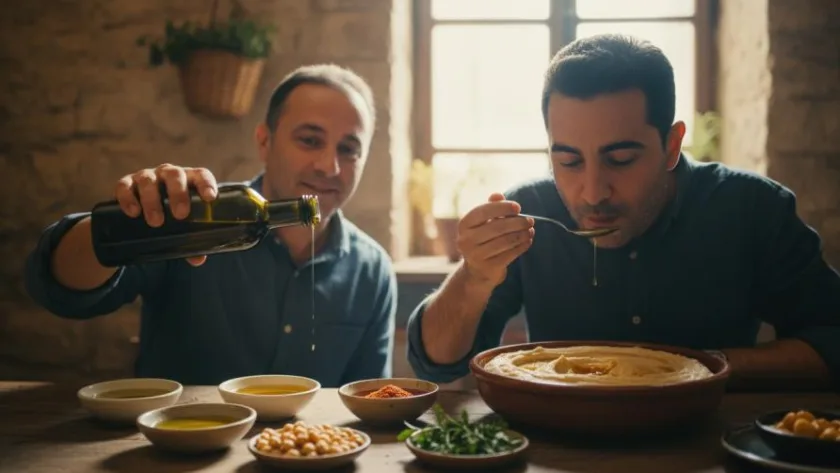 שני גברים נהנים מחומוס עבודת יד עם תוספות שונות במסבחה, בחומוסייה בצפון.