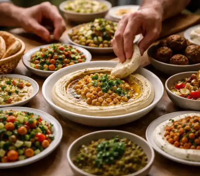 חומוס עבודת יד עם תוספות שונות וטריות, מוגש לצד פיתות חמות וחומוס פול.