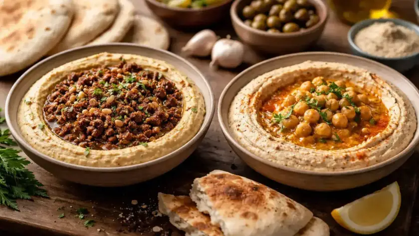 צלחת חומוס עם בשר טחון וחומוס פול, ליד פיתה, לימון ושום. חומוסייה מומלצת בגליל.