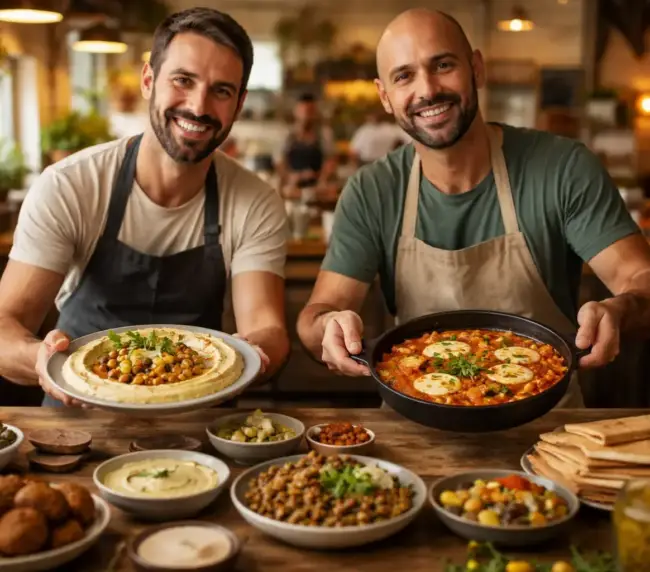 שני גברים מחייכים מציגים חומוס עבודת יד ומאכלים נוספים בחומוסייה בגליל.