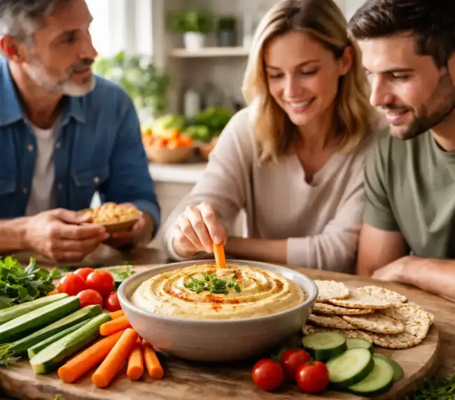 שלושה אנשים נהנים מחומוס בעבודת יד עם ירקות טריים ולחם, חומוסייה מומלצת בגליל.