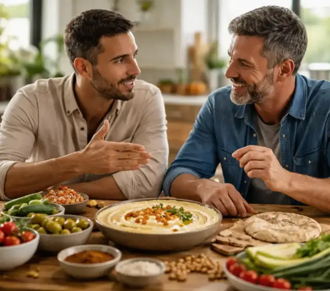 שני גברים נהנים משיחה ליד שולחן עם חומוס, ירקות ולחם, אווירה נעימה וחברית.